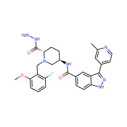 COc1cccc(F)c1CN1C[C@H](NC(=O)c2ccc3[nH]nc(-c4ccnc(C)c4)c3c2)CC[C@H]1C(=O)NN ZINC000199805011