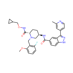 COc1cccc(F)c1CN1C[C@H](NC(=O)c2ccc3[nH]nc(-c4ccnc(C)c4)c3c2)CC[C@H]1C(=O)NOCC1CC1 ZINC000145020378