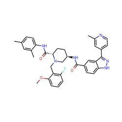 COc1cccc(F)c1CN1C[C@H](NC(=O)c2ccc3[nH]nc(-c4ccnc(C)c4)c3c2)CC[C@H]1C(=O)Nc1ccc(C)cc1C ZINC000205015216