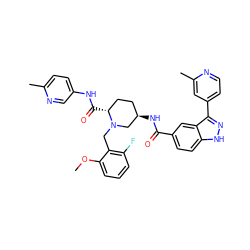 COc1cccc(F)c1CN1C[C@H](NC(=O)c2ccc3[nH]nc(-c4ccnc(C)c4)c3c2)CC[C@H]1C(=O)Nc1ccc(C)nc1 ZINC000205009845