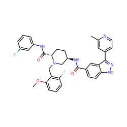 COc1cccc(F)c1CN1C[C@H](NC(=O)c2ccc3[nH]nc(-c4ccnc(C)c4)c3c2)CC[C@H]1C(=O)Nc1cccc(F)c1 ZINC000144994906