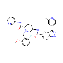 COc1cccc(F)c1CN1C[C@H](NC(=O)c2ccc3[nH]nc(-c4ccnc(C)c4)c3c2)CC[C@H]1C(=O)Nc1cccnc1 ZINC000144952563