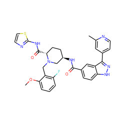 COc1cccc(F)c1CN1C[C@H](NC(=O)c2ccc3[nH]nc(-c4ccnc(C)c4)c3c2)CC[C@H]1C(=O)Nc1nccs1 ZINC000144944887