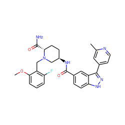 COc1cccc(F)c1CN1C[C@H](NC(=O)c2ccc3[nH]nc(-c4ccnc(C)c4)c3c2)CC[C@H]1C(N)=O ZINC000144998308