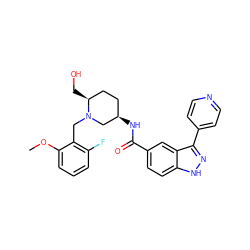 COc1cccc(F)c1CN1C[C@H](NC(=O)c2ccc3[nH]nc(-c4ccncc4)c3c2)CC[C@@H]1CO ZINC000205012241