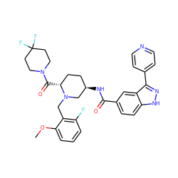 COc1cccc(F)c1CN1C[C@H](NC(=O)c2ccc3[nH]nc(-c4ccncc4)c3c2)CC[C@H]1C(=O)N1CCC(F)(F)CC1 ZINC000147772692