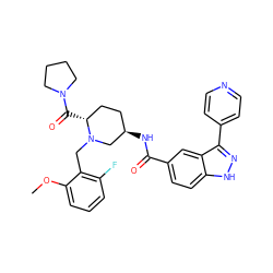 COc1cccc(F)c1CN1C[C@H](NC(=O)c2ccc3[nH]nc(-c4ccncc4)c3c2)CC[C@H]1C(=O)N1CCCC1 ZINC000147817642