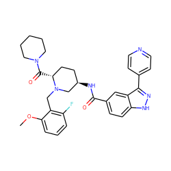 COc1cccc(F)c1CN1C[C@H](NC(=O)c2ccc3[nH]nc(-c4ccncc4)c3c2)CC[C@H]1C(=O)N1CCCCC1 ZINC000147831437