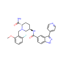 COc1cccc(F)c1CN1C[C@H](NC(=O)c2ccc3[nH]nc(-c4ccncc4)c3c2)CC[C@H]1C(N)=O ZINC000205008517