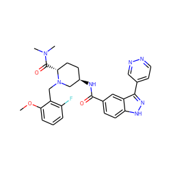 COc1cccc(F)c1CN1C[C@H](NC(=O)c2ccc3[nH]nc(-c4ccnnc4)c3c2)CC[C@H]1C(=O)N(C)C ZINC000205036934