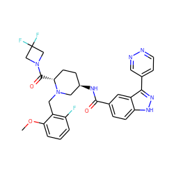 COc1cccc(F)c1CN1C[C@H](NC(=O)c2ccc3[nH]nc(-c4ccnnc4)c3c2)CC[C@H]1C(=O)N1CC(F)(F)C1 ZINC000145022885