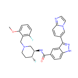 COc1cccc(F)c1CN1CC[C@@H](F)[C@H](NC(=O)c2ccc3[nH]nc(-c4ccc5nccn5c4)c3c2)C1 ZINC000147762835