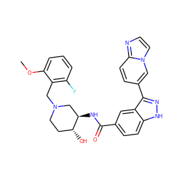 COc1cccc(F)c1CN1CC[C@@H](O)[C@H](NC(=O)c2ccc3[nH]nc(-c4ccc5nccn5c4)c3c2)C1 ZINC000147763791