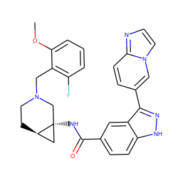 COc1cccc(F)c1CN1CC[C@@H]2C[C@]2(NC(=O)c2ccc3[nH]nc(-c4ccc5nccn5c4)c3c2)C1 ZINC000147768331