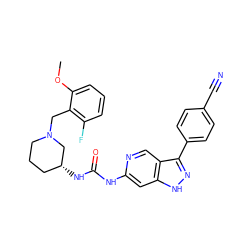 COc1cccc(F)c1CN1CCC[C@@H](NC(=O)Nc2cc3[nH]nc(-c4ccc(C#N)cc4)c3cn2)C1 ZINC000261156381