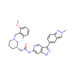 COc1cccc(F)c1CN1CCC[C@@H](NC(=O)Nc2cc3[nH]nc(-c4ccc5nn(C)cc5c4)c3cn2)C1 ZINC000261087802