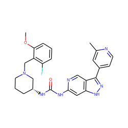 COc1cccc(F)c1CN1CCC[C@@H](NC(=O)Nc2cc3[nH]nc(-c4ccnc(C)c4)c3cn2)C1 ZINC000096273268