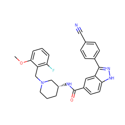 COc1cccc(F)c1CN1CCC[C@@H](NC(=O)c2ccc3[nH]nc(-c4ccc(C#N)cc4)c3c2)C1 ZINC000199803900