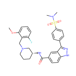 COc1cccc(F)c1CN1CCC[C@@H](NC(=O)c2ccc3[nH]nc(-c4ccc(S(=O)(=O)N(C)C)cc4)c3c2)C1 ZINC000199805402