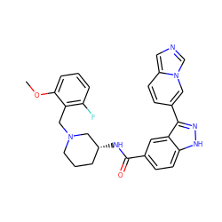 COc1cccc(F)c1CN1CCC[C@@H](NC(=O)c2ccc3[nH]nc(-c4ccc5cncn5c4)c3c2)C1 ZINC000147810472