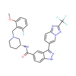 COc1cccc(F)c1CN1CCC[C@@H](NC(=O)c2ccc3[nH]nc(-c4ccc5nc(C(F)(F)F)nn5c4)c3c2)C1 ZINC000147767711