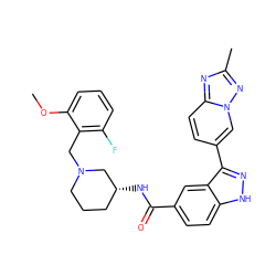 COc1cccc(F)c1CN1CCC[C@@H](NC(=O)c2ccc3[nH]nc(-c4ccc5nc(C)nn5c4)c3c2)C1 ZINC000147821678