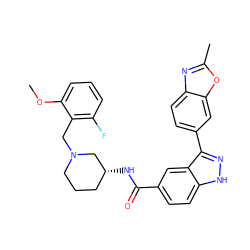 COc1cccc(F)c1CN1CCC[C@@H](NC(=O)c2ccc3[nH]nc(-c4ccc5nc(C)oc5c4)c3c2)C1 ZINC000147813498