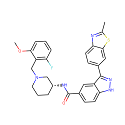 COc1cccc(F)c1CN1CCC[C@@H](NC(=O)c2ccc3[nH]nc(-c4ccc5nc(C)sc5c4)c3c2)C1 ZINC000147808189