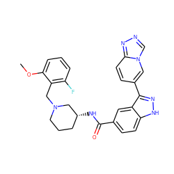 COc1cccc(F)c1CN1CCC[C@@H](NC(=O)c2ccc3[nH]nc(-c4ccc5nncn5c4)c3c2)C1 ZINC000205008176