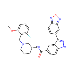 COc1cccc(F)c1CN1CCC[C@@H](NC(=O)c2ccc3[nH]nc(-c4ccc5nonc5c4)c3c2)C1 ZINC000199802100