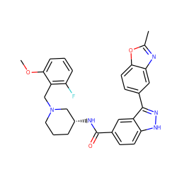 COc1cccc(F)c1CN1CCC[C@@H](NC(=O)c2ccc3[nH]nc(-c4ccc5oc(C)nc5c4)c3c2)C1 ZINC000147810708