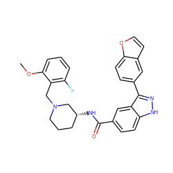 COc1cccc(F)c1CN1CCC[C@@H](NC(=O)c2ccc3[nH]nc(-c4ccc5occc5c4)c3c2)C1 ZINC000205033715