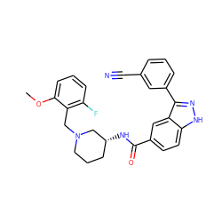 COc1cccc(F)c1CN1CCC[C@@H](NC(=O)c2ccc3[nH]nc(-c4cccc(C#N)c4)c3c2)C1 ZINC000199805843