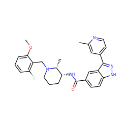 COc1cccc(F)c1CN1CCC[C@@H](NC(=O)c2ccc3[nH]nc(-c4ccnc(C)c4)c3c2)[C@H]1C ZINC000205025472