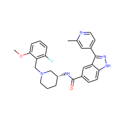 COc1cccc(F)c1CN1CCC[C@@H](NC(=O)c2ccc3[nH]nc(-c4ccnc(C)c4)c3c2)C1 ZINC000205013178