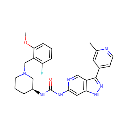 COc1cccc(F)c1CN1CCC[C@H](NC(=O)Nc2cc3[nH]nc(-c4ccnc(C)c4)c3cn2)C1 ZINC000205435858