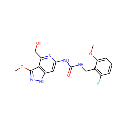 COc1cccc(F)c1CNC(=O)Nc1cc2[nH]nc(OC)c2c(CO)n1 ZINC001772629878