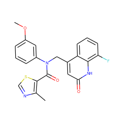 COc1cccc(N(Cc2cc(=O)[nH]c3c(F)cccc23)C(=O)c2scnc2C)c1 ZINC000040421945