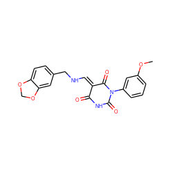 COc1cccc(N2C(=O)NC(=O)/C(=C\NCc3ccc4c(c3)OCO4)C2=O)c1 ZINC000101081427