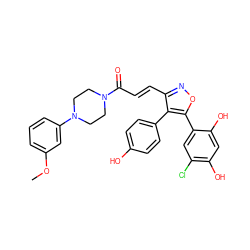 COc1cccc(N2CCN(C(=O)/C=C/c3noc(-c4cc(Cl)c(O)cc4O)c3-c3ccc(O)cc3)CC2)c1 ZINC000299841216