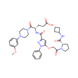 COc1cccc(N2CCN(C(=O)[C@H](CCC(=O)O)NC(=O)c3cc(OCC(=O)N4CCC[C@H]4C(=O)NC4CCC4)n(-c4ccccc4)n3)CC2)c1 ZINC000095555445