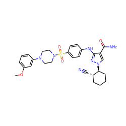 COc1cccc(N2CCN(S(=O)(=O)c3ccc(Nc4nn([C@H]5CCCC[C@@H]5C#N)cc4C(N)=O)cc3)CC2)c1 ZINC000221834251