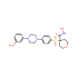 COc1cccc(N2CCN(c3ccc(S(=O)(=O)C4(C(=O)NO)CCOCC4)cc3)CC2)c1 ZINC000049045183