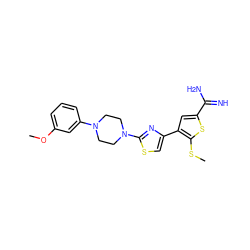 COc1cccc(N2CCN(c3nc(-c4cc(C(=N)N)sc4SC)cs3)CC2)c1 ZINC000028000350