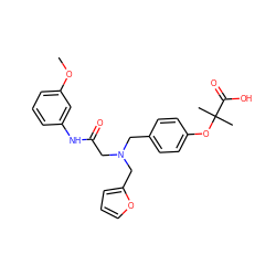 COc1cccc(NC(=O)CN(Cc2ccc(OC(C)(C)C(=O)O)cc2)Cc2ccco2)c1 ZINC000049036836