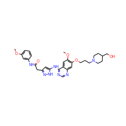 COc1cccc(NC(=O)Cc2cc(Nc3ncnc4cc(OCCCN5CCC(CO)CC5)c(OC)cc34)[nH]n2)c1 ZINC000034802962