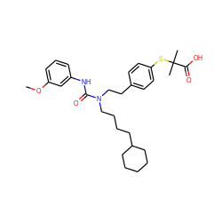 COc1cccc(NC(=O)N(CCCCC2CCCCC2)CCc2ccc(SC(C)(C)C(=O)O)cc2)c1 ZINC000084730277