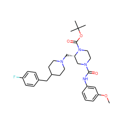 COc1cccc(NC(=O)N2CCN(C(=O)OC(C)(C)C)[C@@H](CN3CCC(Cc4ccc(F)cc4)CC3)C2)c1 ZINC000013443626