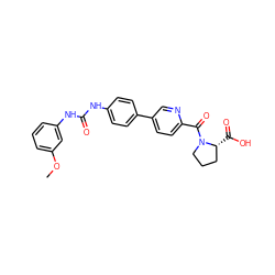 COc1cccc(NC(=O)Nc2ccc(-c3ccc(C(=O)N4CCC[C@H]4C(=O)O)nc3)cc2)c1 ZINC000204949528