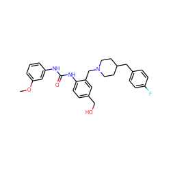 COc1cccc(NC(=O)Nc2ccc(CO)cc2CN2CCC(Cc3ccc(F)cc3)CC2)c1 ZINC000013475844